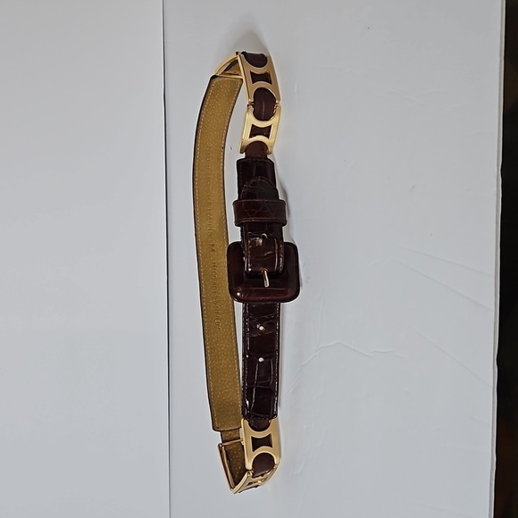Italian Embossed Leather Belt size M Brown Brass accent hardware   Pre-owned - Picture 1 of 10